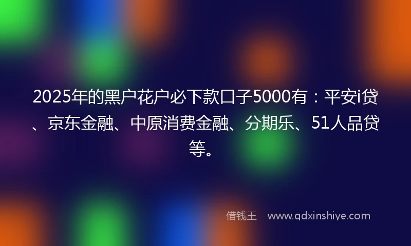 2025年的黑户花户必下款口子5000有：平安i贷、京东金融、中原消费金融、分期乐、51人品贷等。