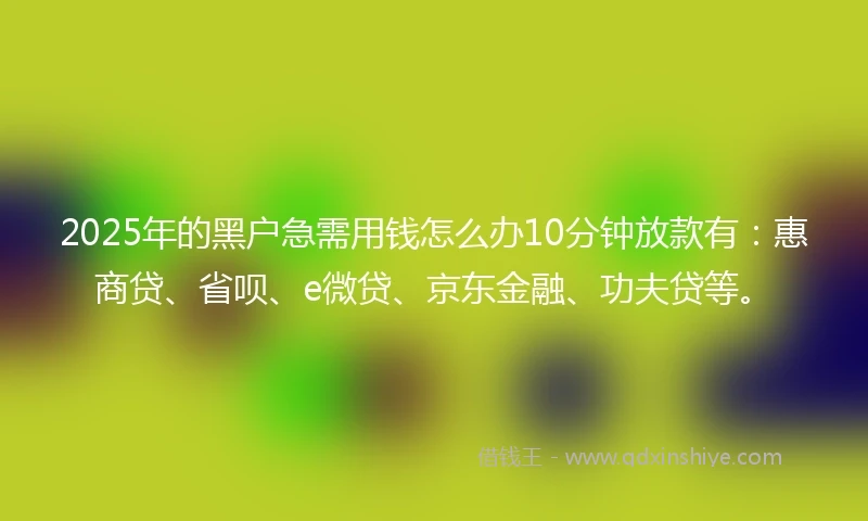 2025年的黑户急需用钱怎么办10分钟放款有：惠商贷、省呗、e微贷、京东金融、功夫贷等。