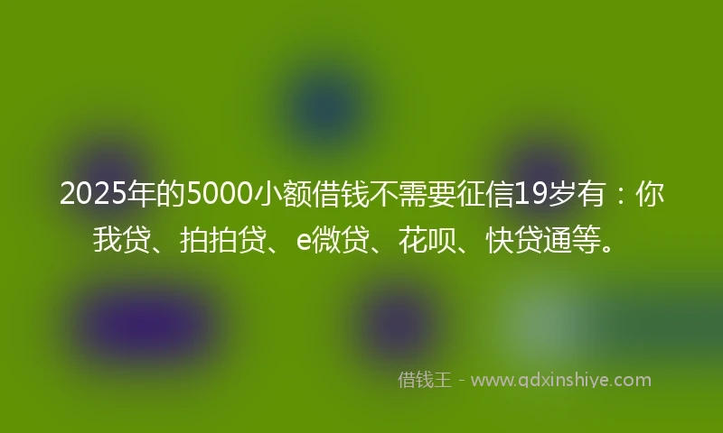 2025年的5000小额借钱不需要征信19岁有：你我贷、拍拍贷、e微贷、花呗、快贷通等。