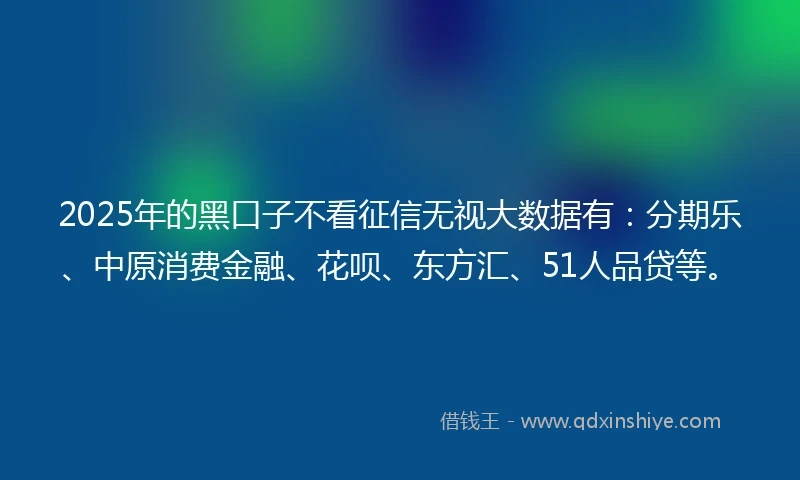 2025年的黑口子不看征信无视大数据有：分期乐、中原消费金融、花呗、东方汇、51人品贷等。