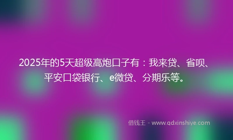 2025年的5天超级高炮口子有：我来贷、省呗、平安口袋银行、e微贷、分期乐等。