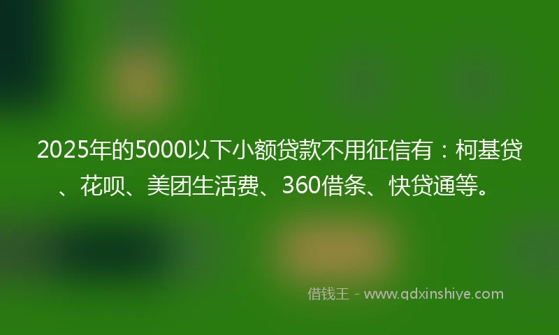 2025年的5000以下小额贷款不用征信有：柯基贷、花呗、美团生活费、360借条、快贷通等。