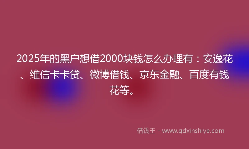 2025年的黑户想借2000块钱怎么办理有：安逸花、维信卡卡贷、微博借钱、京东金融、百度有钱花等。