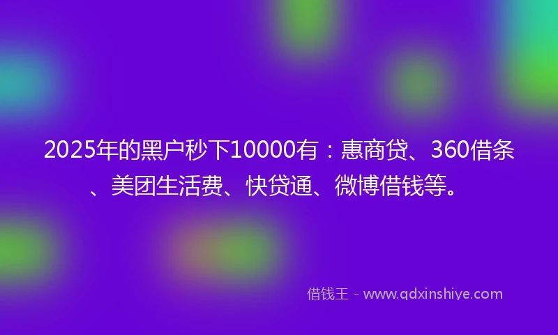 2025年的黑户秒下10000有：惠商贷、360借条、美团生活费、快贷通、微博借钱等。