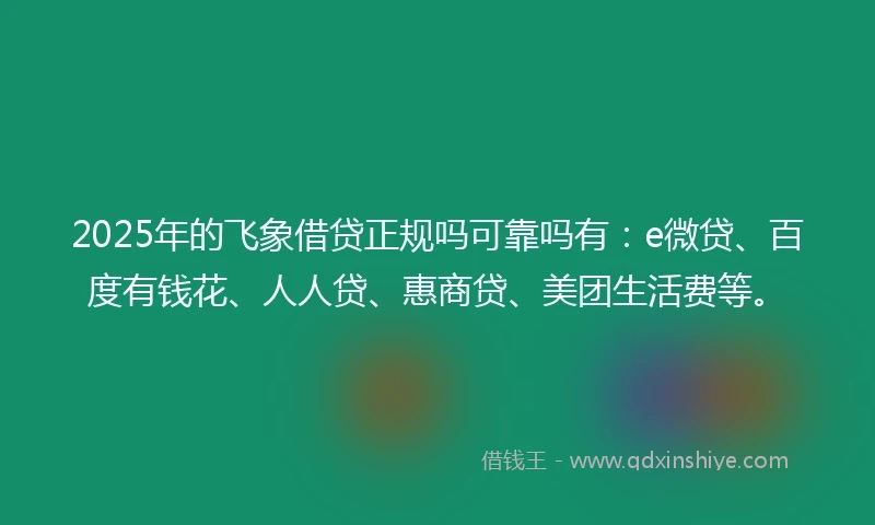 2025年的飞象借贷正规吗可靠吗有：e微贷、百度有钱花、人人贷、惠商贷、美团生活费等。