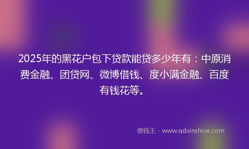 2025年的黑花户包下贷款能贷多少年有：中原消费金融、团贷网、微博借钱、度小满金融、百度有钱花等。