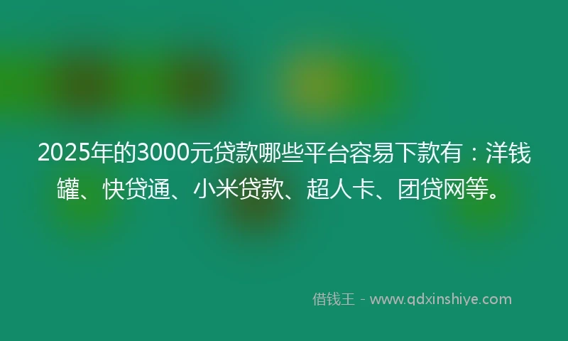 2025年的3000元贷款哪些平台容易下款有：洋钱罐、快贷通、小米贷款、超人卡、团贷网等。