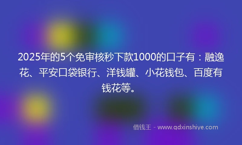 2025年的5个免审核秒下款1000的口子有：融逸花、平安口袋银行、洋钱罐、小花钱包、百度有钱花等。