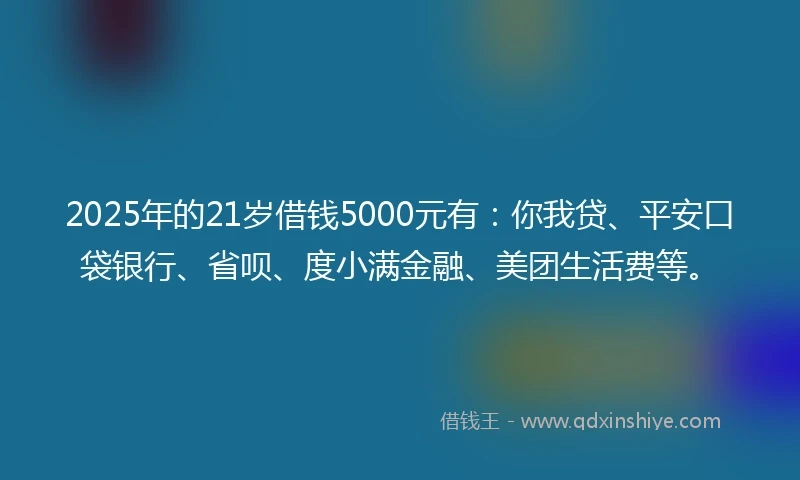 2025年的21岁借钱5000元有：你我贷、平安口袋银行、省呗、度小满金融、美团生活费等。