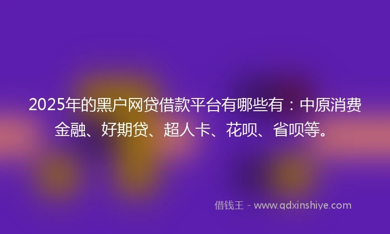 2025年的黑户网贷借款平台有哪些有：中原消费金融、好期贷、超人卡、花呗、省呗等。