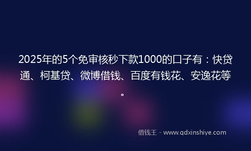 2025年的5个免审核秒下款1000的口子有：快贷通、柯基贷、微博借钱、百度有钱花、安逸花等。