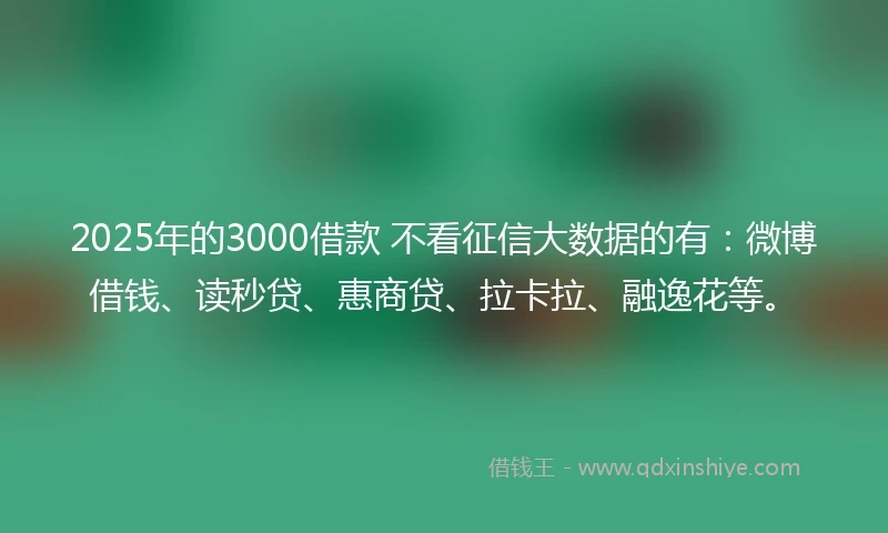 2025年的3000借款 不看征信大数据的有：微博借钱、读秒贷、惠商贷、拉卡拉、融逸花等。