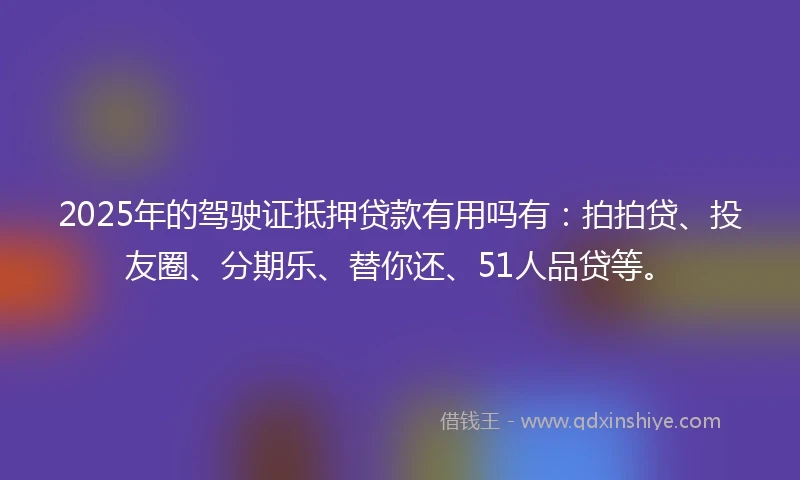 2025年的驾驶证抵押贷款有用吗有:拍拍贷、投友圈、分期乐、替你还、51人品贷等。