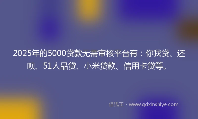 2025年的5000贷款无需审核平台有：你我贷、还呗、51人品贷、小米贷款、信用卡贷等。