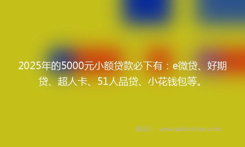 2025年的5000元小额贷款必下有：e微贷、好期贷、超人卡、51人品贷、小花钱包等。