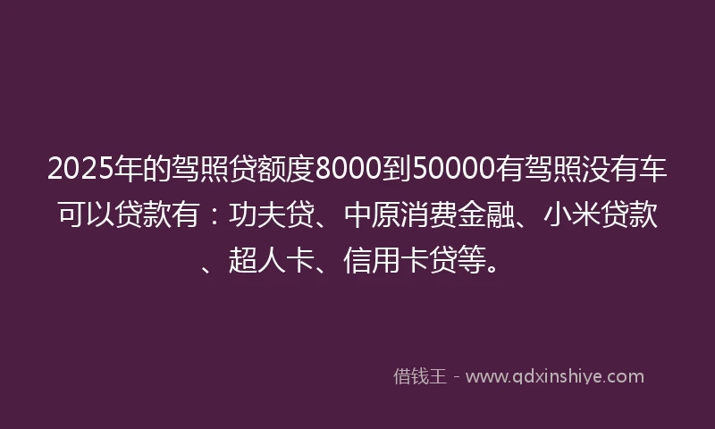 2025年的驾照贷额度8000到50000有驾照没有车可以贷款有：功夫贷、中原消费金融、小米贷款、超人卡、信用卡贷等。