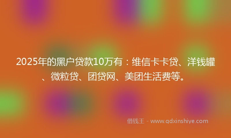 2025年的黑户贷款10万有：维信卡卡贷、洋钱罐、微粒贷、团贷网、美团生活费等。