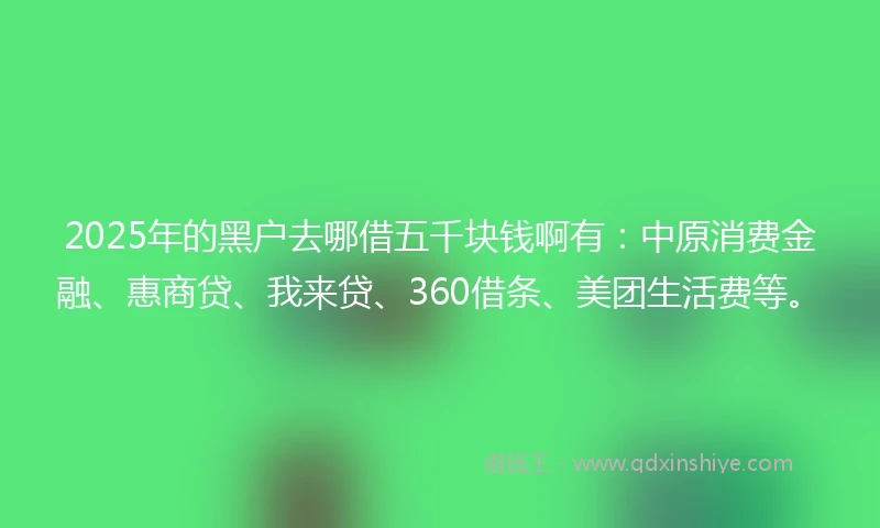 2025年的黑户去哪借五千块钱啊有：中原消费金融、惠商贷、我来贷、360借条、美团生活费等。