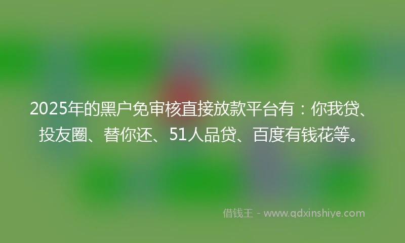 2025年的黑户免审核直接放款平台有：你我贷、投友圈、替你还、51人品贷、百度有钱花等。