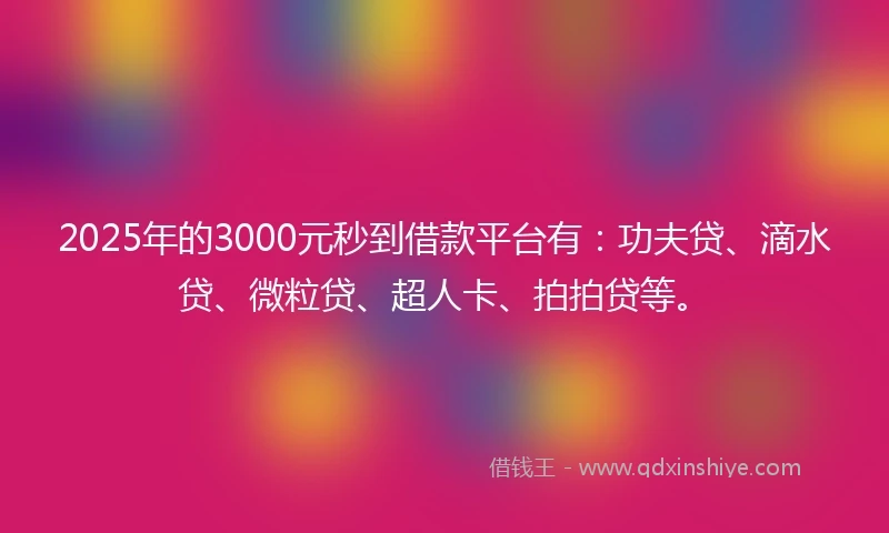 2025年的3000元秒到借款平台有：功夫贷、滴水贷、微粒贷、超人卡、拍拍贷等。