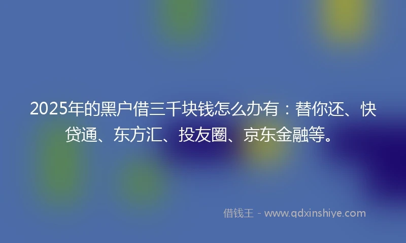 2025年的黑户借三千块钱怎么办有：替你还、快贷通、东方汇、投友圈、京东金融等。