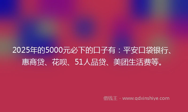 2025年的5000元必下的口子有：平安口袋银行、惠商贷、花呗、51人品贷、美团生活费等。