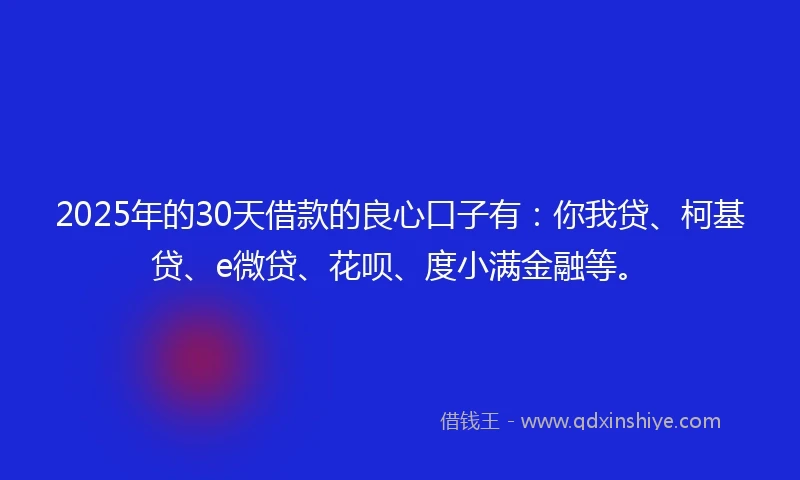 2025年的30天借款的良心口子有：你我贷、柯基贷、e微贷、花呗、度小满金融等。