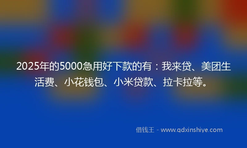 2025年的5000急用好下款的有：我来贷、美团生活费、小花钱包、小米贷款、拉卡拉等。