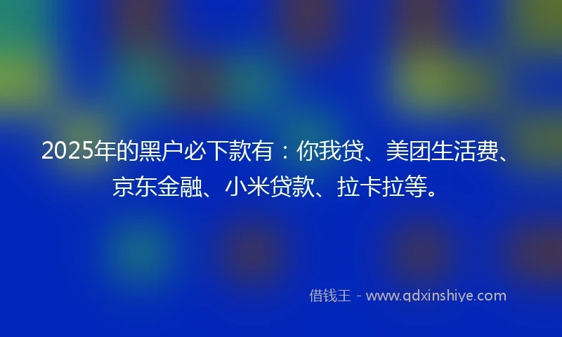 2025年的黑户必下款有：你我贷、美团生活费、京东金融、小米贷款、拉卡拉等。