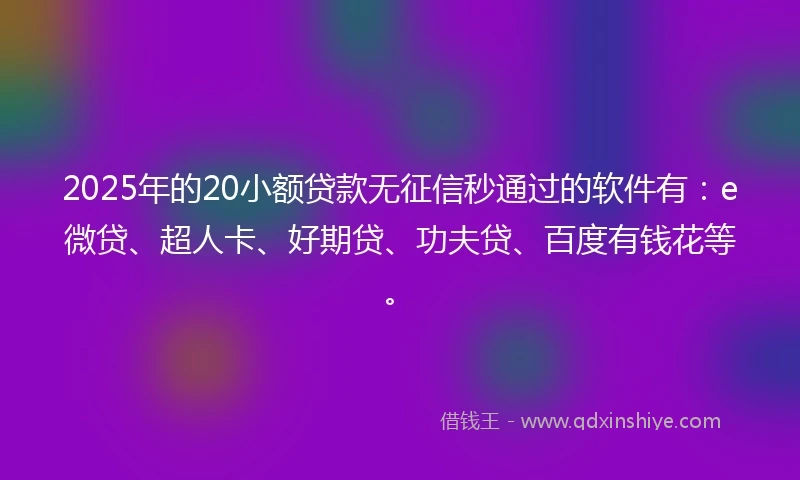 2025年的20小额贷款无征信秒通过的软件有：e微贷、超人卡、好期贷、功夫贷、百度有钱花等。
