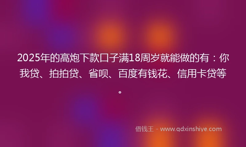 2025年的高炮下款口子满18周岁就能做的有：你我贷、拍拍贷、省呗、百度有钱花、信用卡贷等。