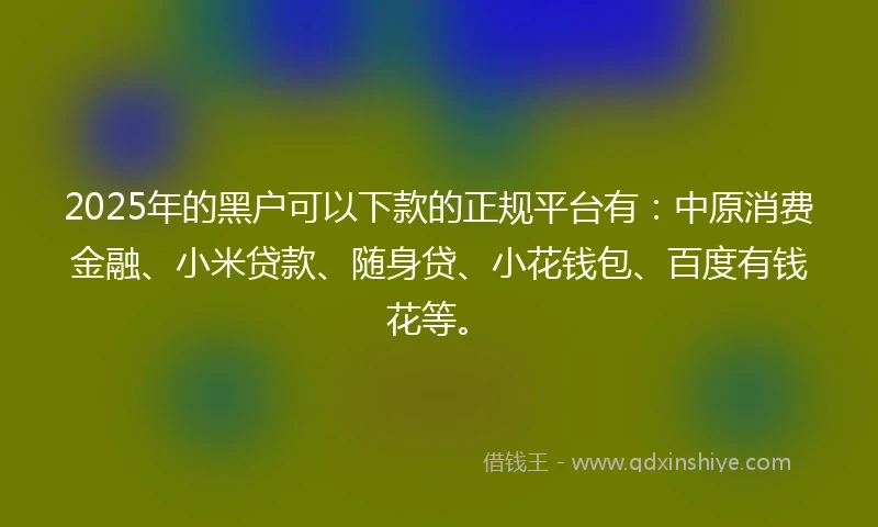 2025年的黑户可以下款的正规平台有：中原消费金融、小米贷款、随身贷、小花钱包、百度有钱花等。
