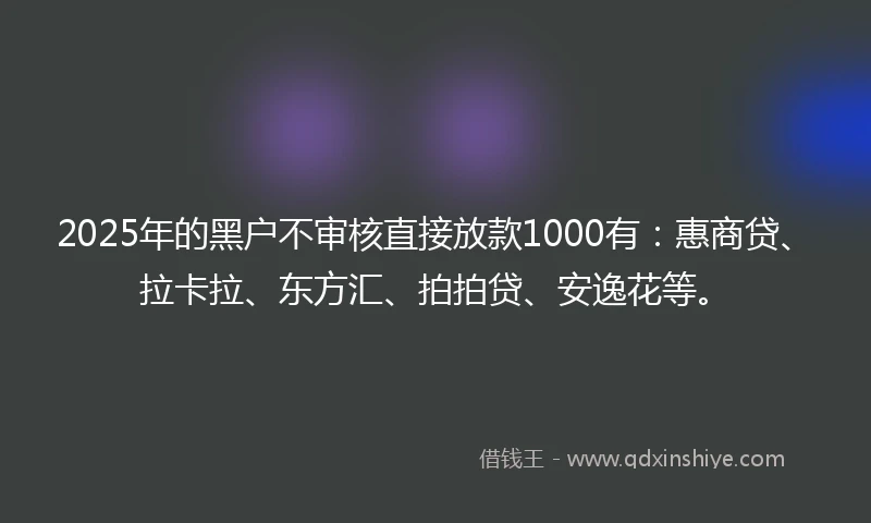 2025年的黑户不审核直接放款1000有：惠商贷、拉卡拉、东方汇、拍拍贷、安逸花等。