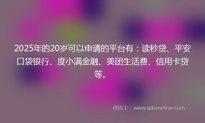 2025年的20岁可以申请的平台有：读秒贷、平安口袋银行、度小满金融、美团生活费、信用卡贷等。