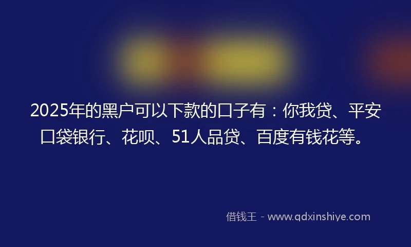 2025年的黑户可以下款的口子有：你我贷、平安口袋银行、花呗、51人品贷、百度有钱花等。