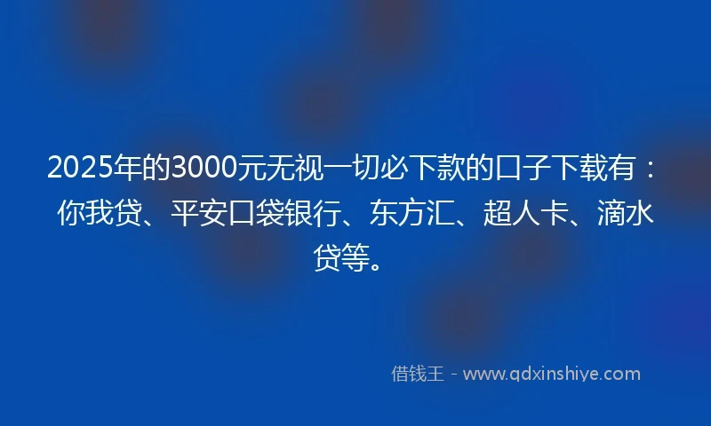 2025年的3000元无视一切必下款的口子下载有：你我贷、平安口袋银行、东方汇、超人卡、滴水贷等。