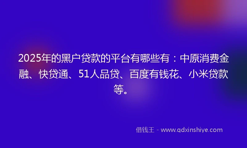 2025年的黑户贷款的平台有哪些有：中原消费金融、快贷通、51人品贷、百度有钱花、小米贷款等。