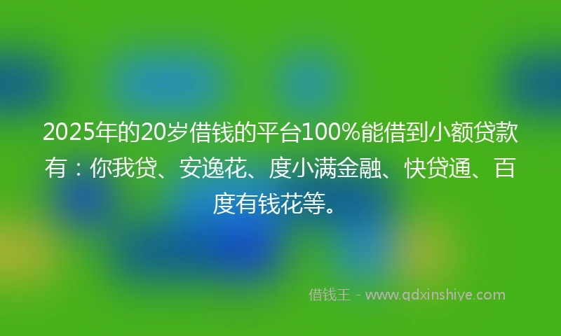 2025年的20岁借钱的平台100%能借到小额贷款有：你我贷、安逸花、度小满金融、快贷通、百度有钱花等。
