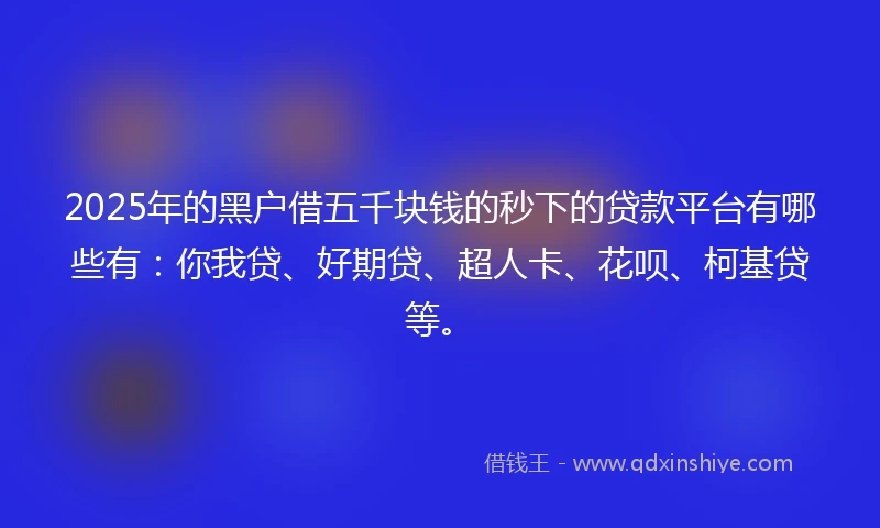 2025年的黑户借五千块钱的秒下的贷款平台有哪些有：你我贷、好期贷、超人卡、花呗、柯基贷等。