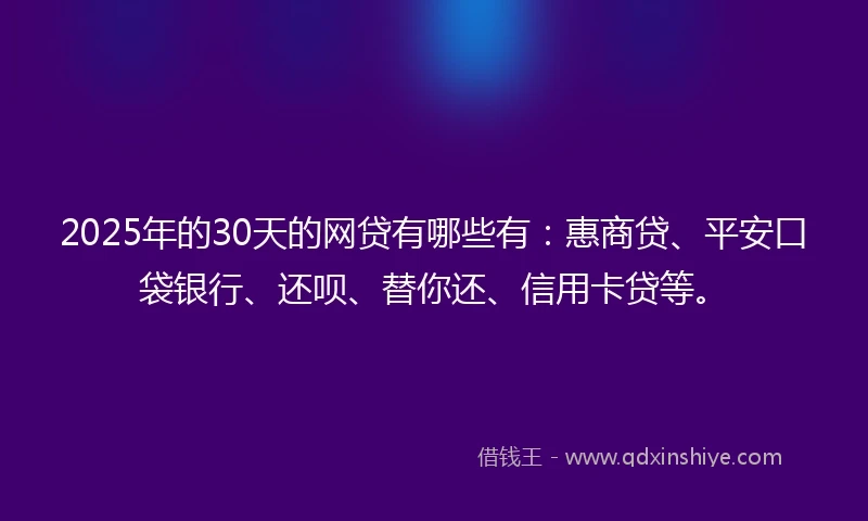 2025年的30天的网贷有哪些有：惠商贷、平安口袋银行、还呗、替你还、信用卡贷等。