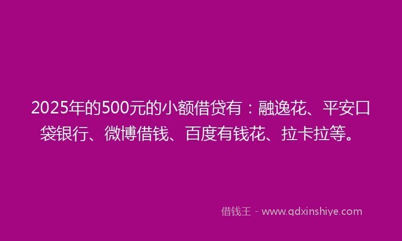 2025年的500元的小额借贷有：融逸花、平安口袋银行、微博借钱、百度有钱花、拉卡拉等。