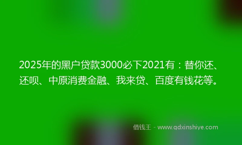 2025年的黑户贷款3000必下2021有：替你还、还呗、中原消费金融、我来贷、百度有钱花等。