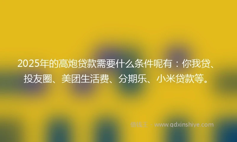 2025年的高炮贷款需要什么条件呢有：你我贷、投友圈、美团生活费、分期乐、小米贷款等。