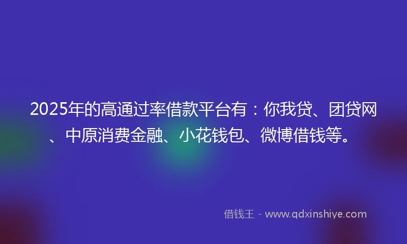 2025年的高通过率借款平台有：你我贷、团贷网、中原消费金融、小花钱包、微博借钱等。