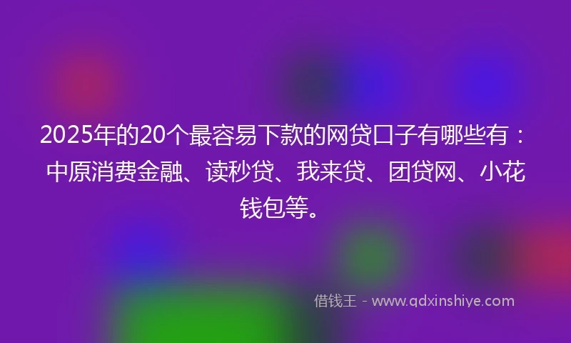 2025年的20个最容易下款的网贷口子有哪些有：中原消费金融、读秒贷、我来贷、团贷网、小花钱包等。