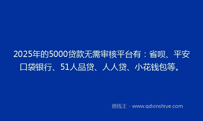 2025年的5000贷款无需审核平台有：省呗、平安口袋银行、51人品贷、人人贷、小花钱包等。