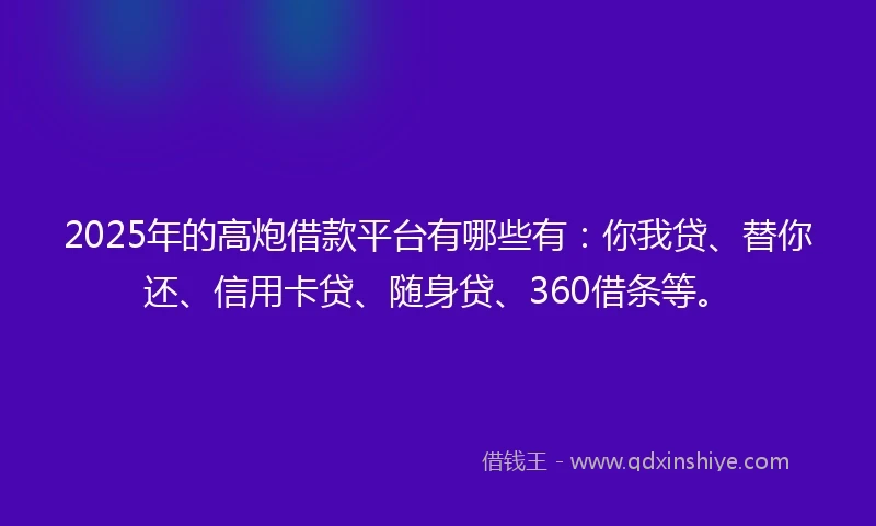 2025年的高炮借款平台有哪些有：你我贷、替你还、信用卡贷、随身贷、360借条等。