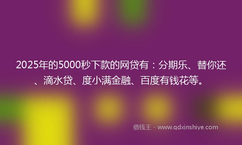 2025年的5000秒下款的网贷有：分期乐、替你还、滴水贷、度小满金融、百度有钱花等。