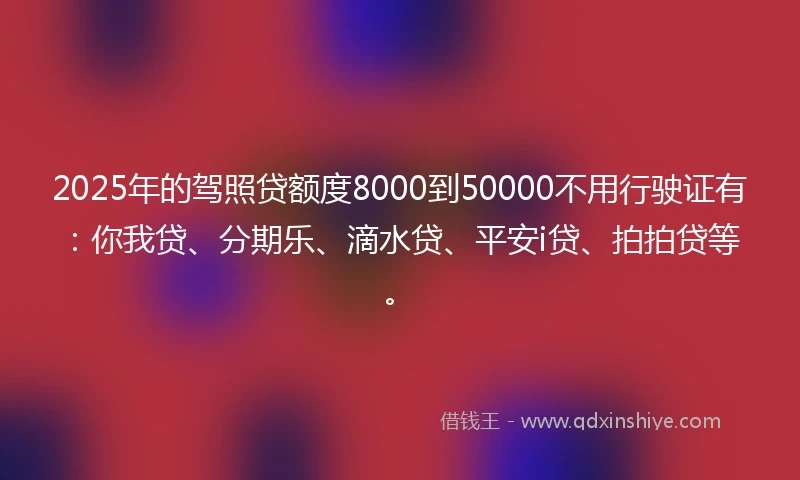 2025年的驾照贷额度8000到50000不用行驶证有：你我贷、分期乐、滴水贷、平安i贷、拍拍贷等。