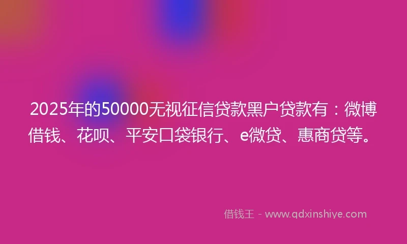 2025年的50000无视征信贷款黑户贷款有：微博借钱、花呗、平安口袋银行、e微贷、惠商贷等。